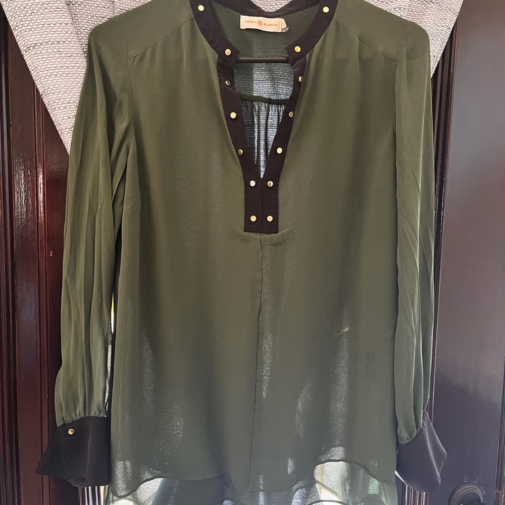 Tory Burch Silk Green Blouse with Gold & Black Accents